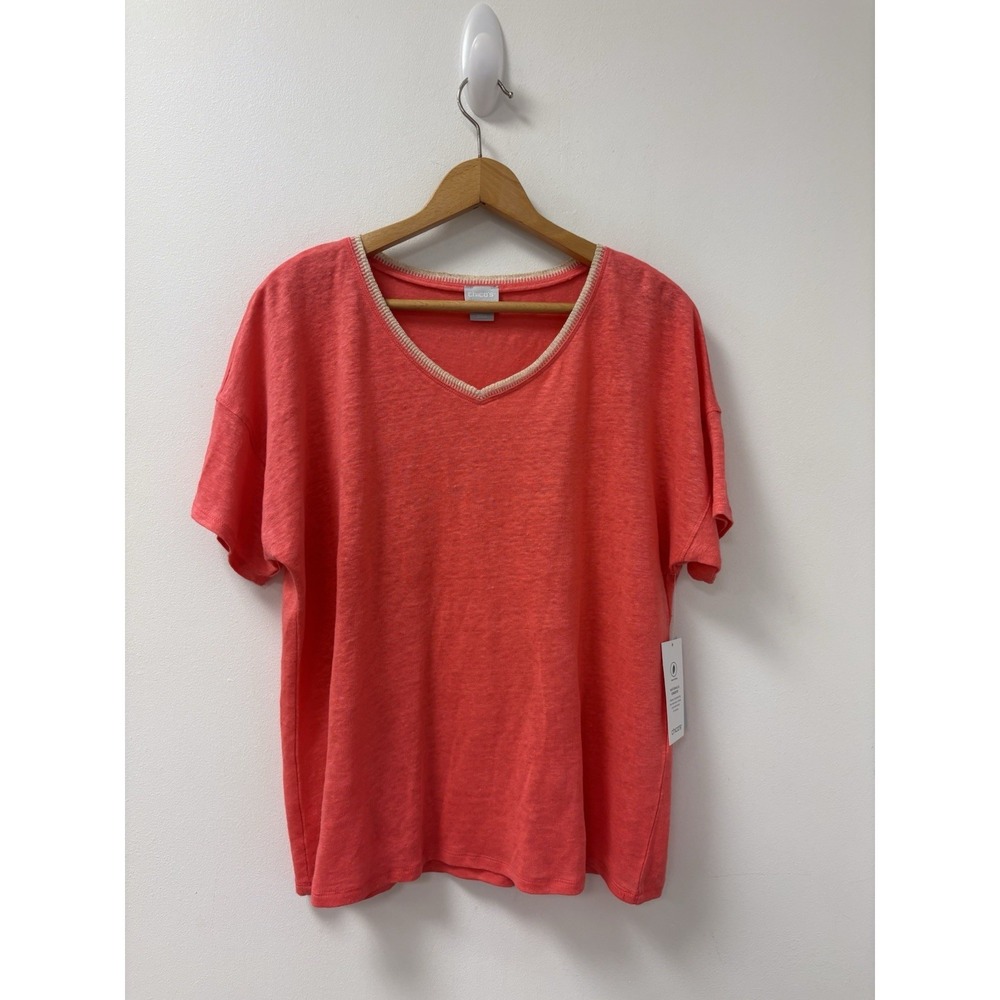 NWT Chicos Linen T Shirt Top Sz M Pink Short Sleeve Solid Gold Trim Preppy